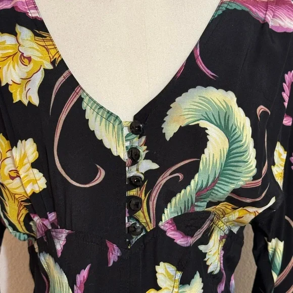 KAREN ALEXANDER Vintage 80âsâ Black Brocade Tropical Dress Size 6 Floral Party - Picture 6 of 14
